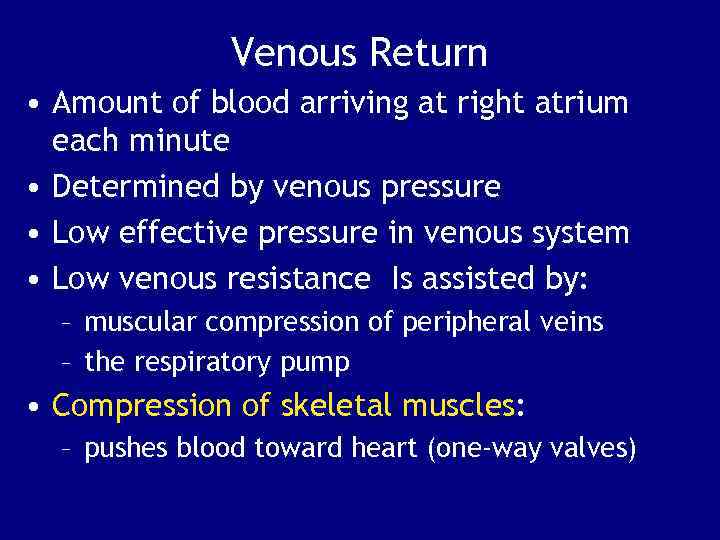 Venous Return • Amount of blood arriving at right atrium each minute • Determined