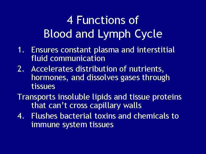 4 Functions of Blood and Lymph Cycle 1. Ensures constant plasma and interstitial fluid