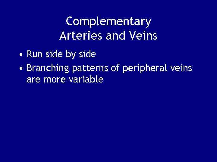 Complementary Arteries and Veins • Run side by side • Branching patterns of peripheral