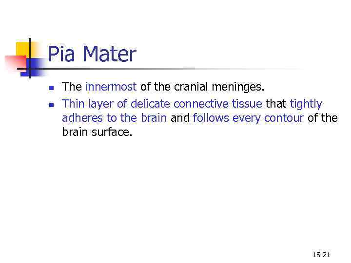 Pia Mater n n The innermost of the cranial meninges. Thin layer of delicate