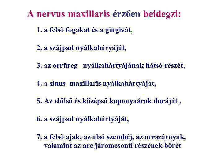 A nervus maxillaris érzően beidegzi: 1. a felső fogakat és a gingivát, 2. a