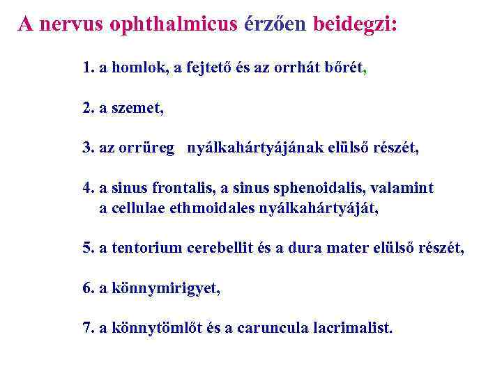 A nervus ophthalmicus érzően beidegzi: 1. a homlok, a fejtető és az orrhát bőrét,