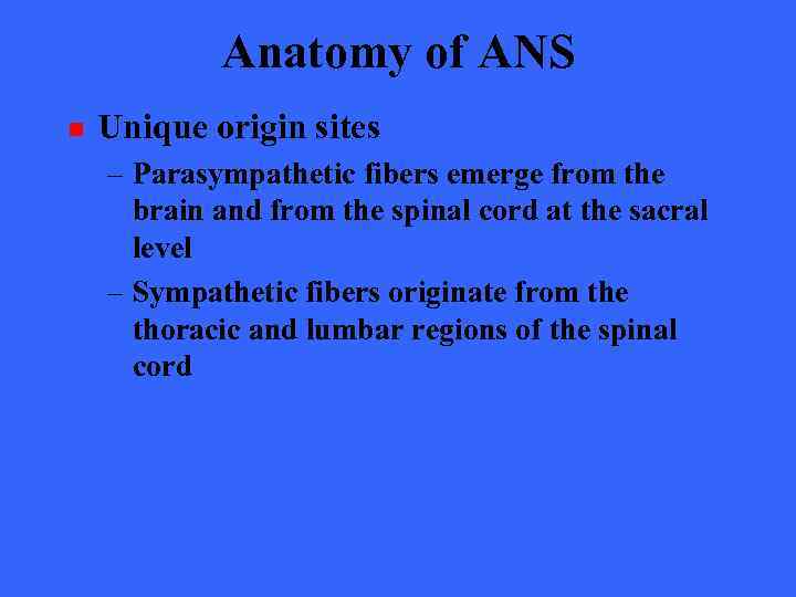 Anatomy of ANS n Unique origin sites – Parasympathetic fibers emerge from the brain