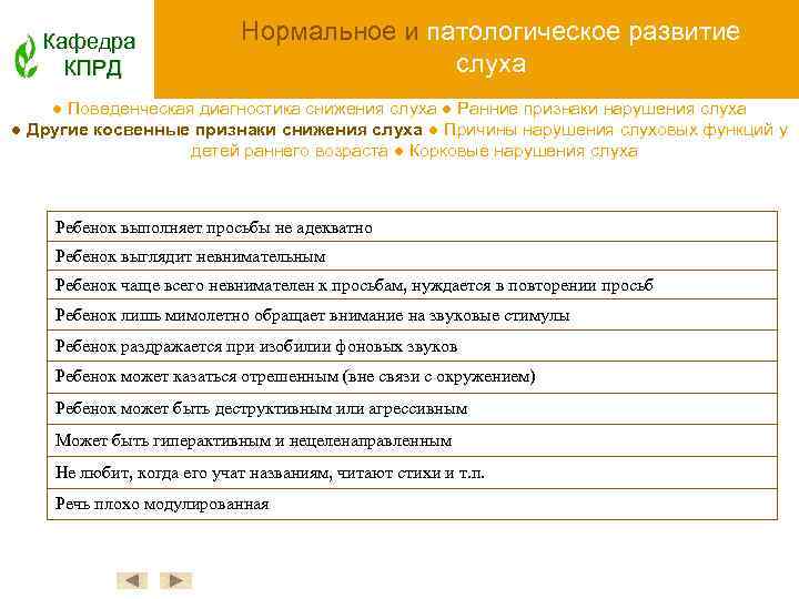 Кафедра КПРД Нормальное и патологическое развитие слуха ● Поведенческая диагностика снижения слуха ● Ранние