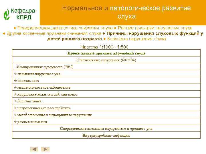 Нормальное и патологическое развитие слуха Кафедра КПРД ● Поведенческая диагностика снижения слуха ● Ранние