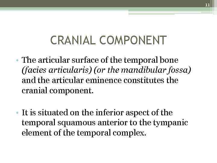 11 CRANIAL COMPONENT • The articular surface of the temporal bone (facies articularis) (or