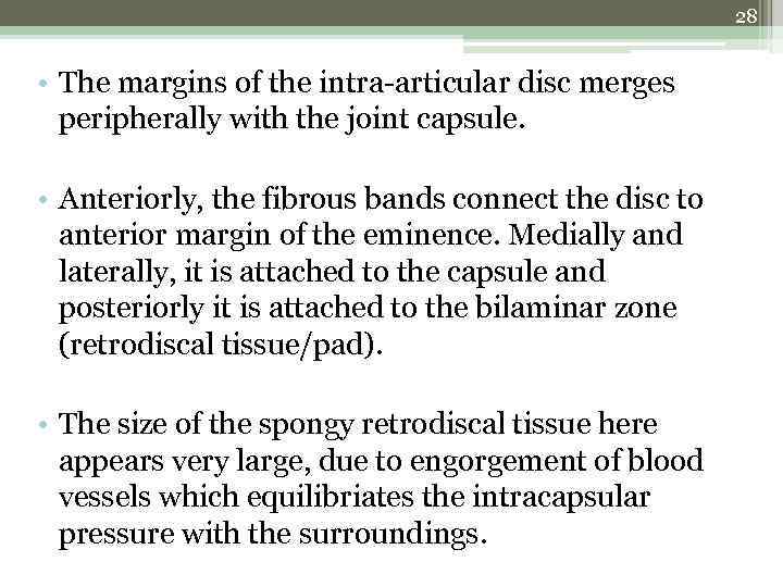 28 • The margins of the intra-articular disc merges peripherally with the joint capsule.