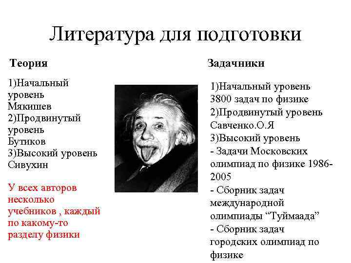 Литература для подготовки Теория Задачники 1)Начальный уровень Мякишев 2)Продвинутый уровень Бутиков 3)Высокий уровень Сивухин