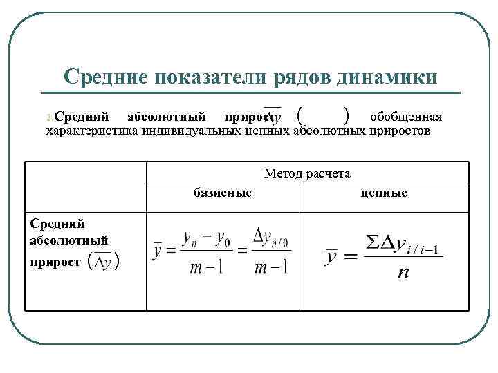 Средние показатели рядов динамики абсолютный прирост ( ) обобщенная характеристика индивидуальных цепных абсолютных приростов