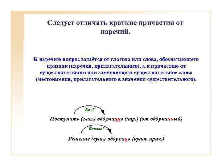 Следует отличать краткие причастия от наречий. К наречию вопрос задаётся от глагола или слова,