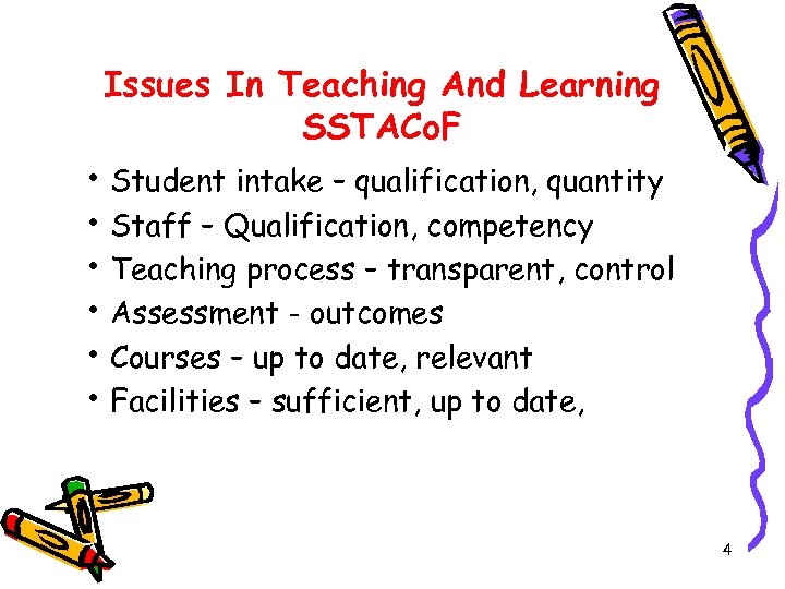 Issues In Teaching And Learning SSTACo. F • Student intake – qualification, quantity •
