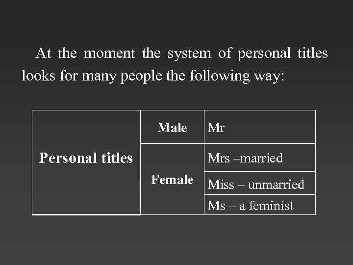 At the moment the system of personal titles looks for many people the following