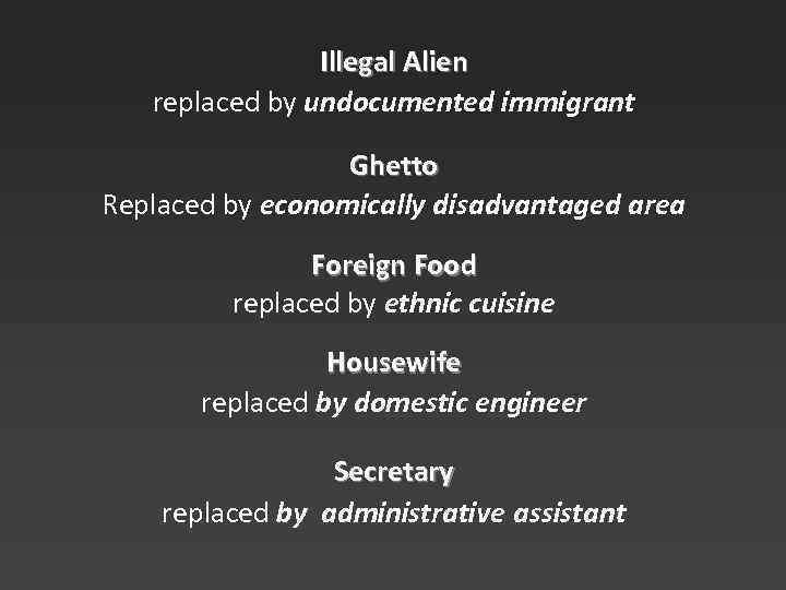 Illegal Alien replaced by undocumented immigrant Ghetto Replaced by economically disadvantaged area Foreign Food