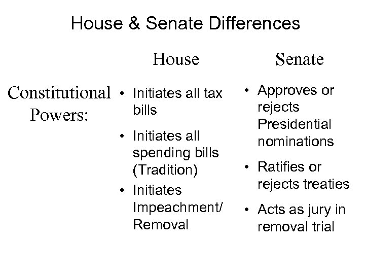 House & Senate Differences House Constitutional • Powers: Initiates all tax bills • Initiates