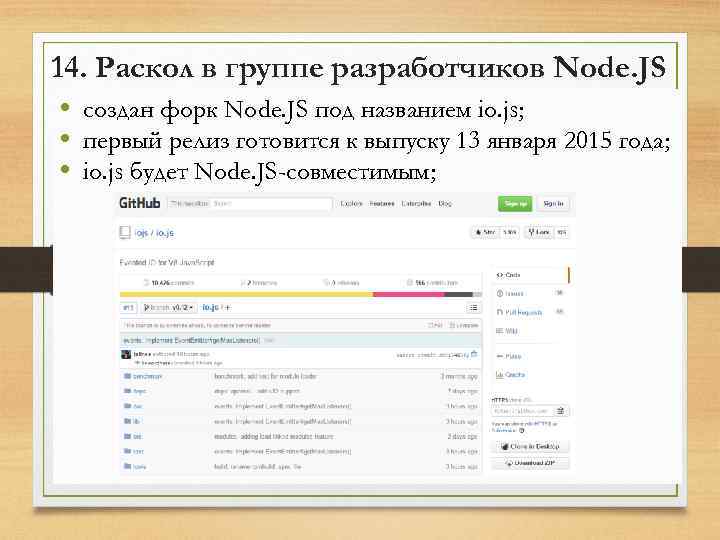 14. Раскол в группе разработчиков Node. JS • создан форк Node. JS под названием