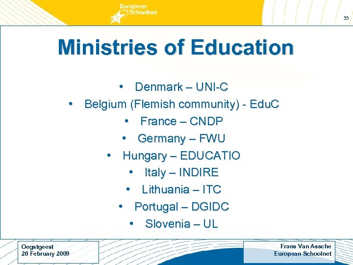 55 Ministries of Education • Denmark – UNI-C • Belgium (Flemish community) - Edu.