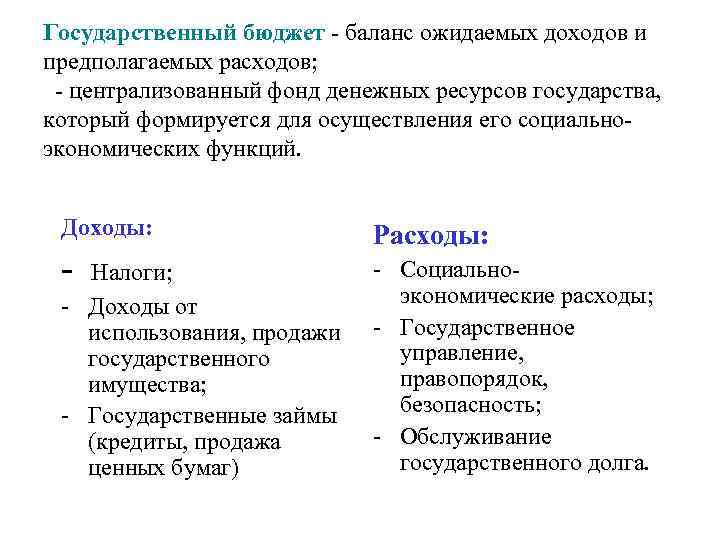 Государственный бюджет - баланс ожидаемых доходов и предполагаемых расходов; - централизованный фонд денежных ресурсов