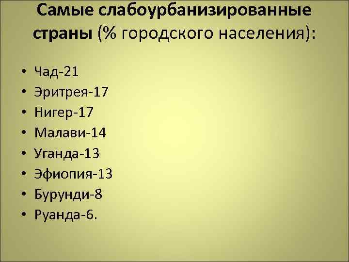 Самые слабоурбанизированные страны (% городского населения): • • Чад-21 Эритрея-17 Нигер-17 Малави-14 Уганда-13 Эфиопия-13
