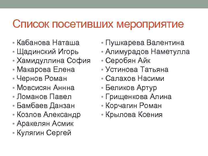 Список посетивших мероприятие • Кабанова Наташа • Щадинский Игорь • Хамидуллина София • Макарова