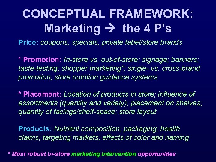 CONCEPTUAL FRAMEWORK: Marketing the 4 P’s Price: coupons, specials, private label/store brands * Promotion: