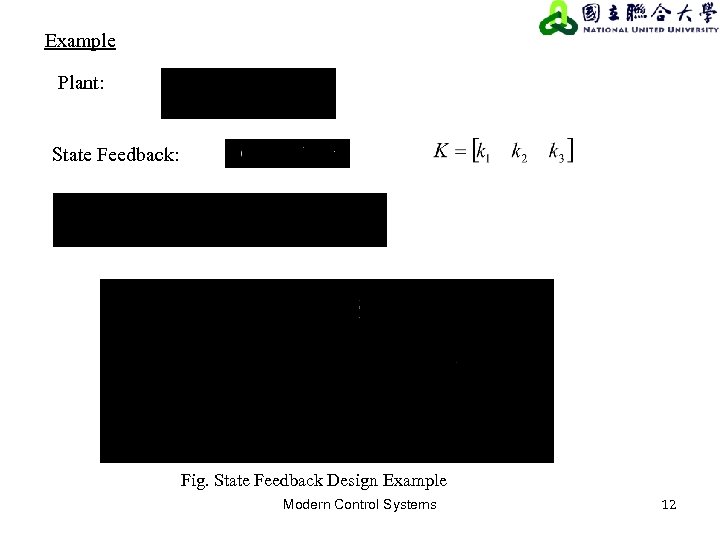 Example Plant: State Feedback: Fig. State Feedback Design Example Modern Control Systems 12 