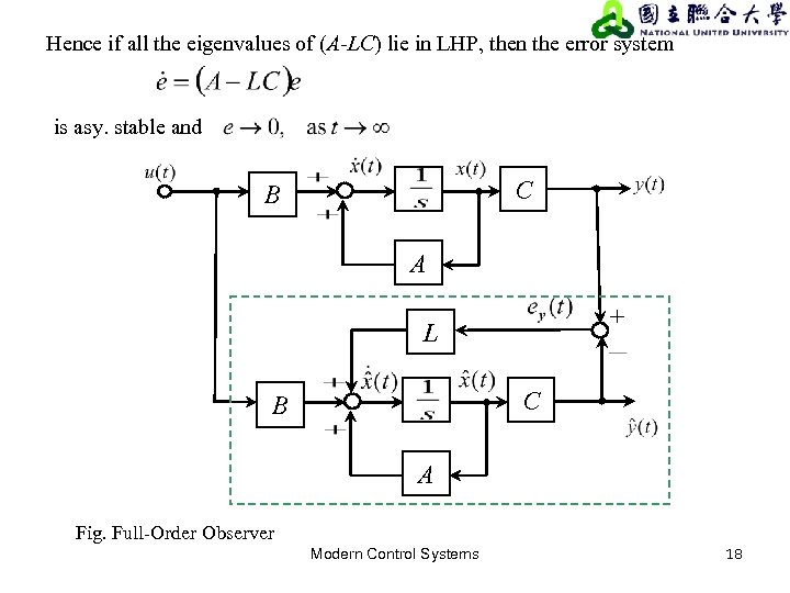 Hence if all the eigenvalues of (A-LC) lie in LHP, then the error system