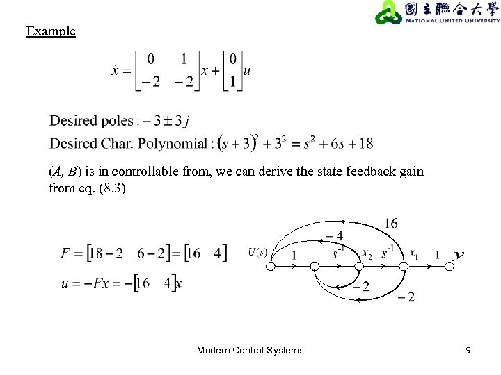 Example (A, B) is in controllable from, we can derive the state feedback gain