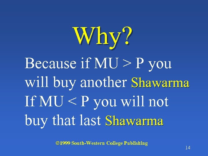 Why? Because if MU > P you will buy another Shawarma If MU <