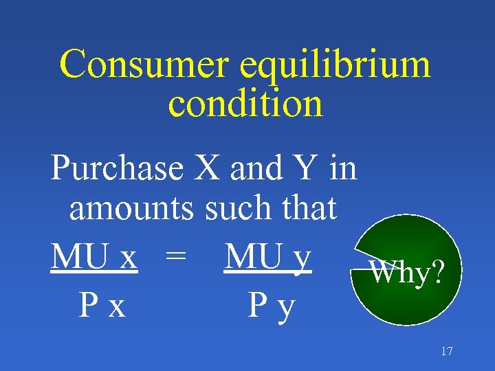 Consumer equilibrium condition Purchase X and Y in amounts such that MU x =