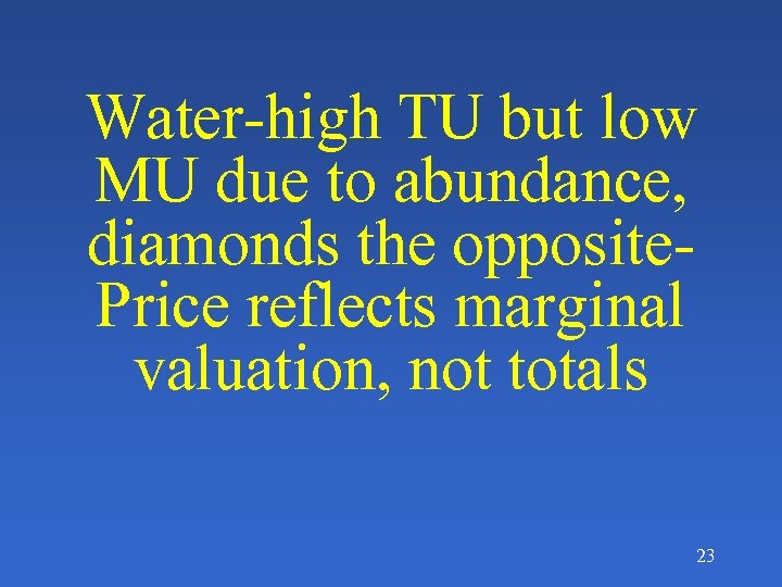 Water-high TU but low MU due to abundance, diamonds the opposite. Price reflects marginal