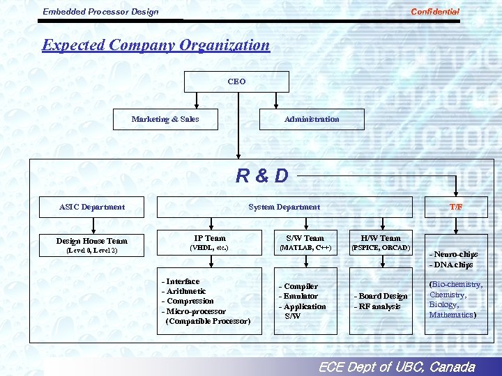 Embedded Processor Design Confidential Expected Company Organization CEO Marketing & Sales Administration R&D ASIC