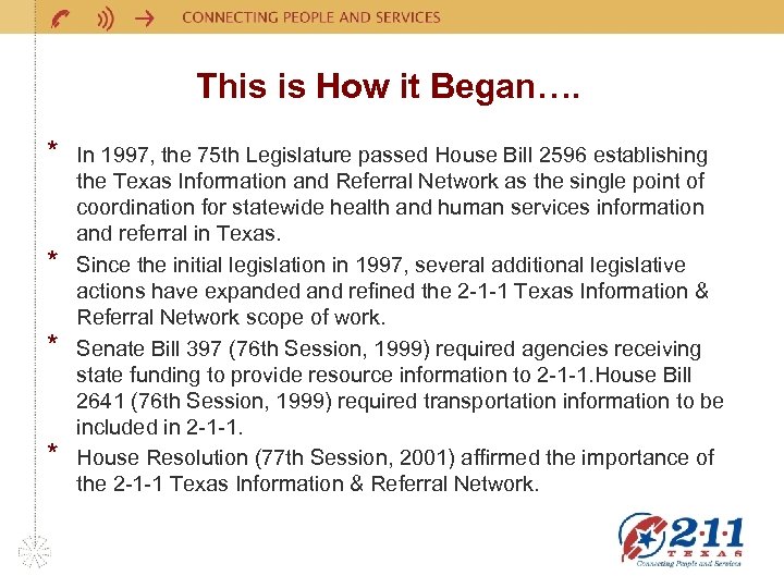 This is How it Began…. * * In 1997, the 75 th Legislature passed