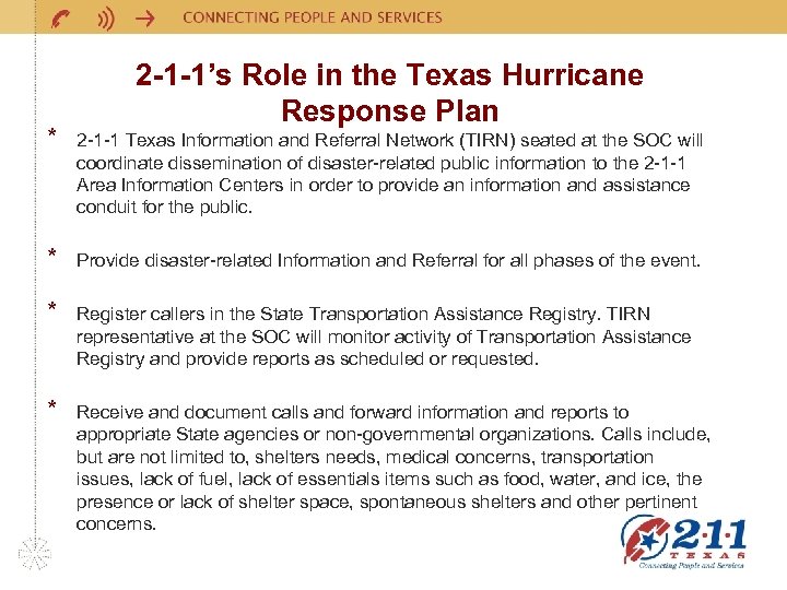2 -1 -1’s Role in the Texas Hurricane Response Plan * 2 -1 -1