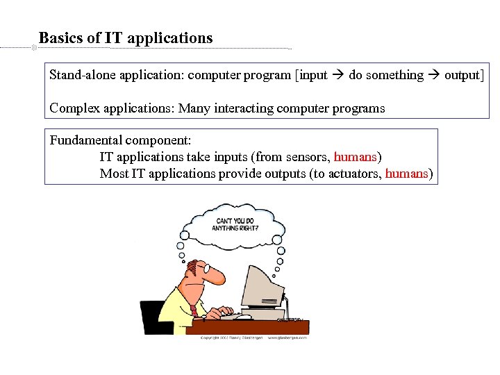 Basics of IT applications Stand-alone application: computer program [input do something output] Complex applications:
