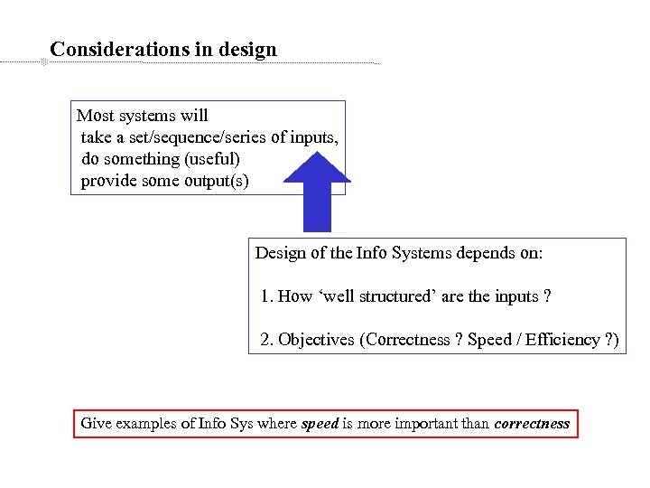 Considerations in design Most systems will take a set/sequence/series of inputs, do something (useful)