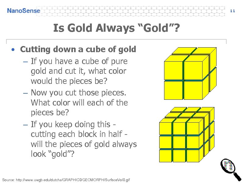 11 Is Gold Always “Gold”? • Cutting down a cube of gold – If