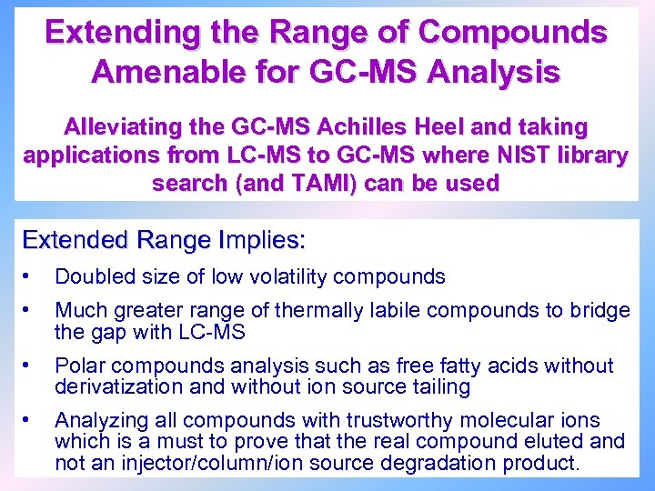 Extending the Range of Compounds Amenable for GC-MS Analysis Alleviating the GC-MS Achilles Heel