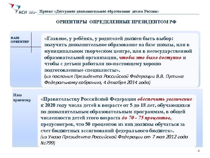 Проект «Доступное дополнительное образование детям России» ОРИЕНТИРЫ ОПРЕДЕЛЕННЫЕ ПРЕЗИДЕНТОМ РФ НАШ ОРИЕНТИР Наш ориентир