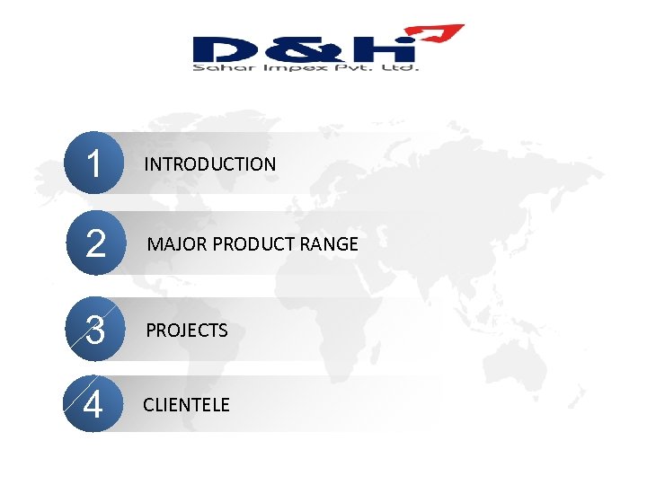 1 INTRODUCTION 2 MAJOR PRODUCT RANGE 3 PROJECTS 4 CLIENTELE 