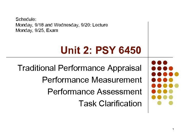 Schedule: Monday, 9/18 and Wednesday, 9/20: Lecture Monday, 9/25, Exam Unit 2: PSY 6450