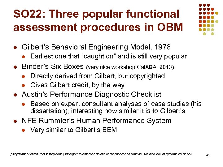 SO 22: Three popular functional assessment procedures in OBM l Gilbert’s Behavioral Engineering Model,