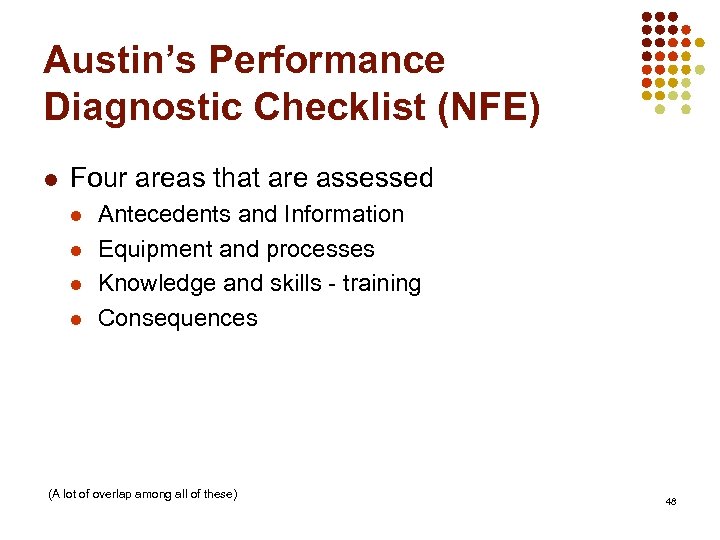 Austin’s Performance Diagnostic Checklist (NFE) l Four areas that are assessed l l Antecedents