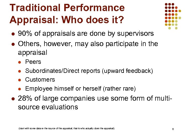 Traditional Performance Appraisal: Who does it? l l 90% of appraisals are done by