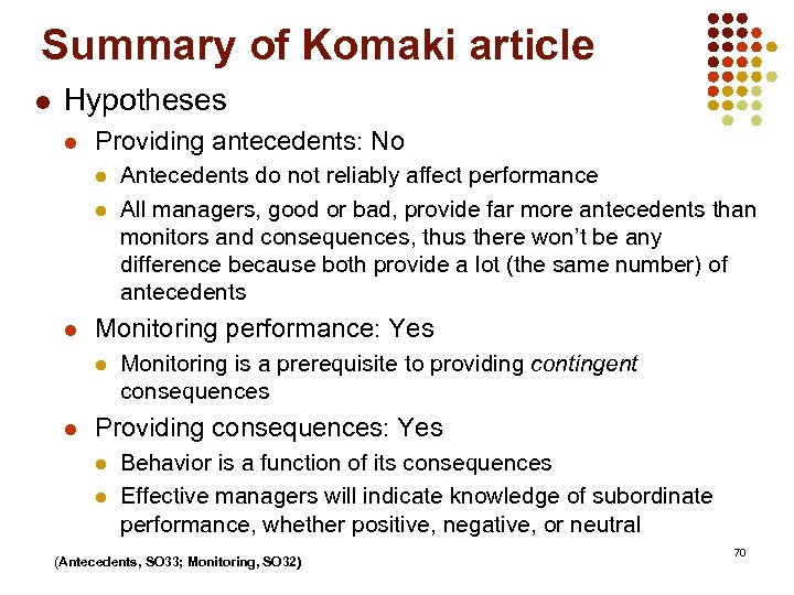 Summary of Komaki article l Hypotheses l Providing antecedents: No l l l Monitoring