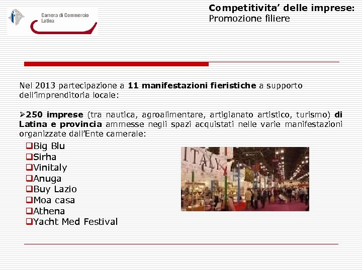 Competitivita’ delle imprese: Promozione filiere Nel 2013 partecipazione a 11 manifestazioni fieristiche a supporto