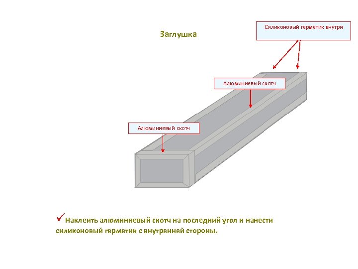 Заглушка Силиконовый герметик внутри Алюминиевый скотч üНаклеить алюминиевый скотч на последний угол и нанести