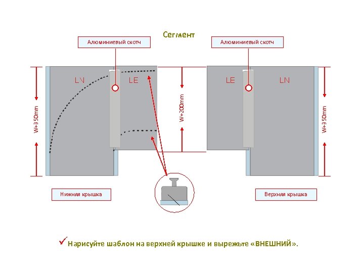 Сегмент Алюминиевый скотч Нижняя крышка W+350 mm W+200 mm Алюминиевый скотч Верхняя крышка üНарисуйте