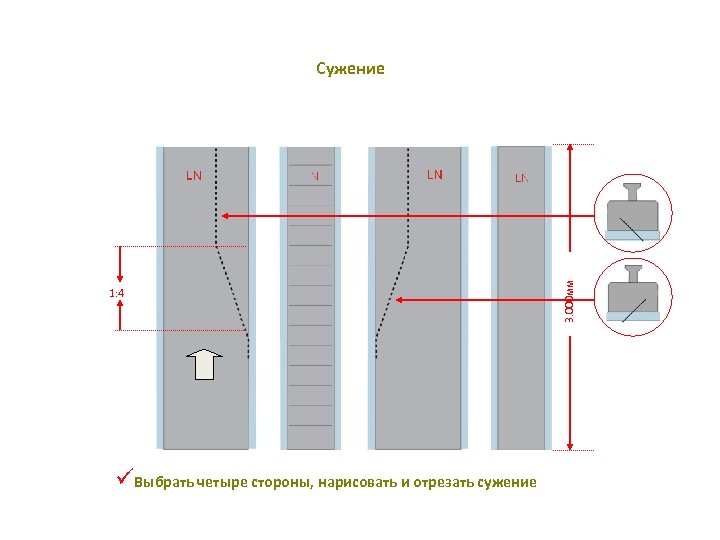 1: 4 üВыбрать четыре стороны, нарисовать и отрезать сужение 3. 000 мм Сужение 