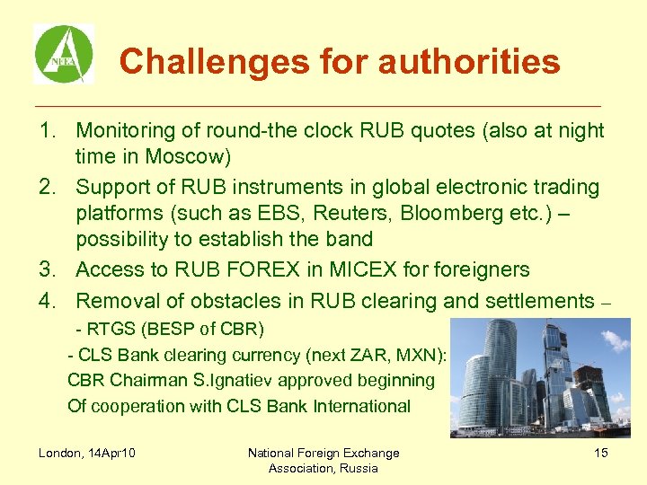 Challenges for authorities 1. Monitoring of round-the clock RUB quotes (also at night time