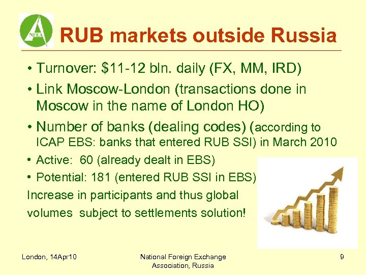 RUB markets outside Russia • Turnover: $11 -12 bln. daily (FX, MM, IRD) •